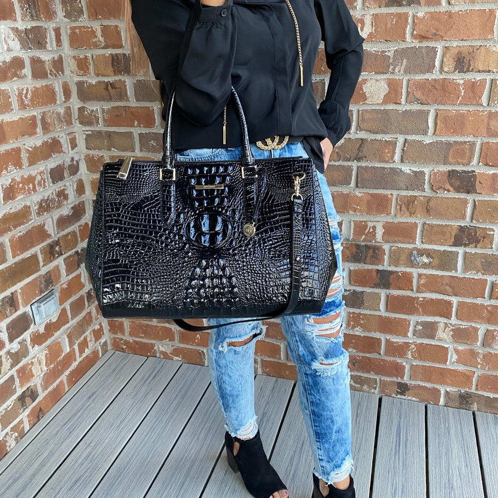 Brahmin Black Croc-Embossed Leather Satchel - Picture 3 of 11